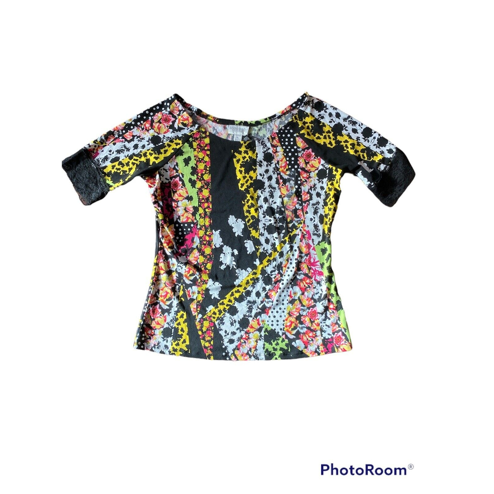 Bisou Bisou Womens Short Sleeve Blouse with Lace on Sleeves Multicolor XL NEW